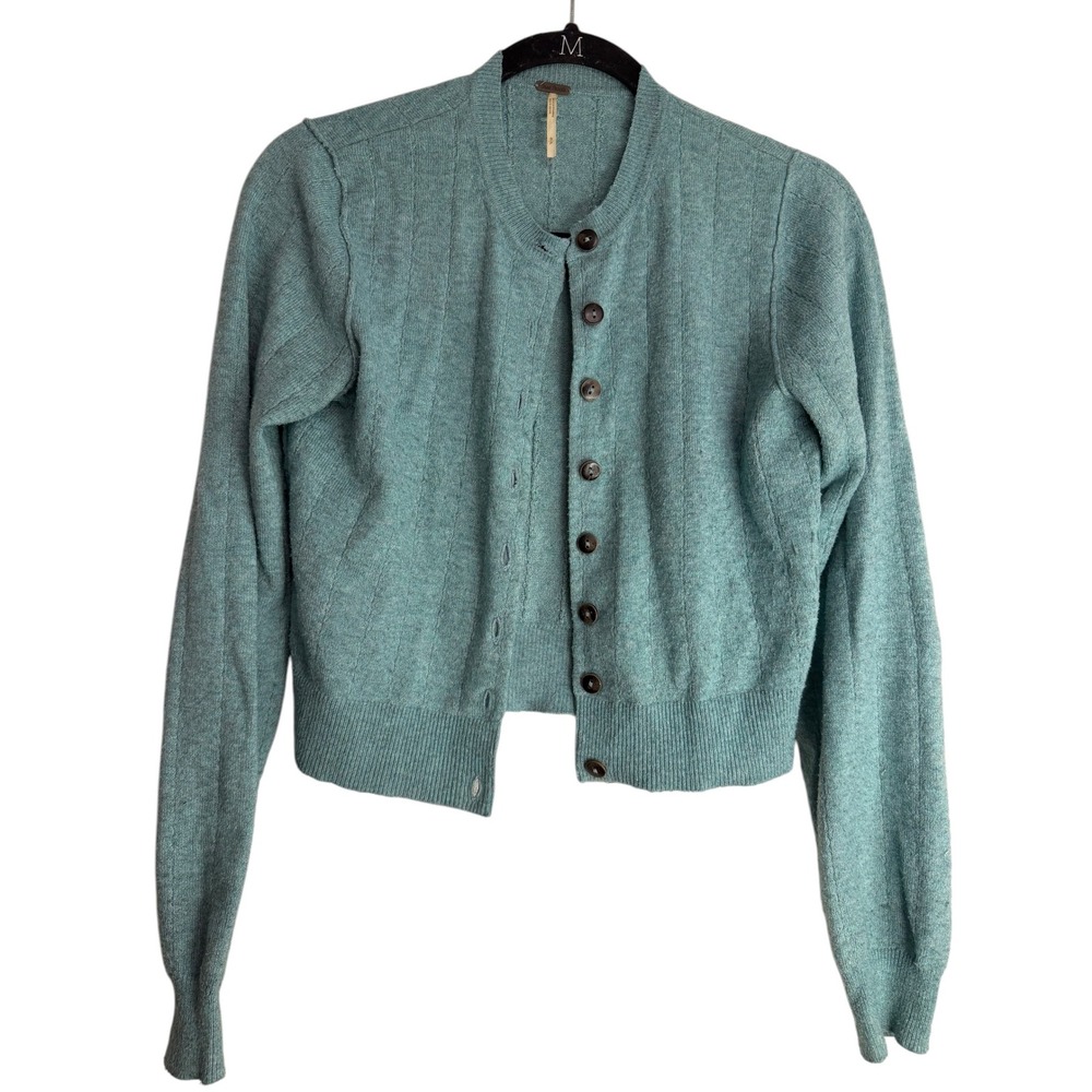 Free People Teal Blue Cropped Cardigan Sweater Ribbed Button Front Small